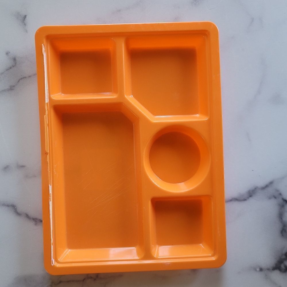 Bright orange plastic school lunch tray Anyware sectional plate toddler kids